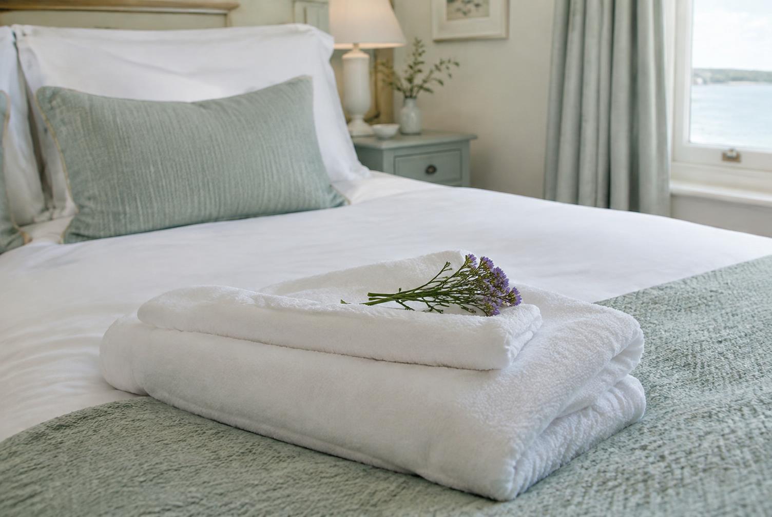Freshly made guest bed with folded white towels and a sprig of sea lavender