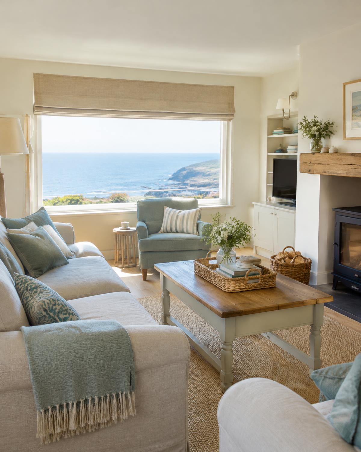 A bright holiday cottage living room with linen sofas and a large window looking out to sea